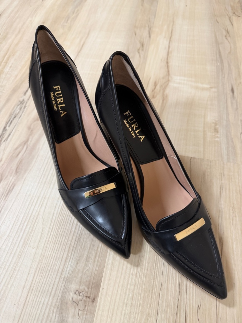 Furla Black Pointed Leather Heels with Gold Plaque